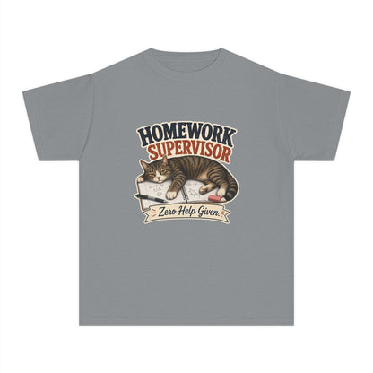 Homework Supervisor Cat Youth Tee | "Zero Help Given" retro kitten design