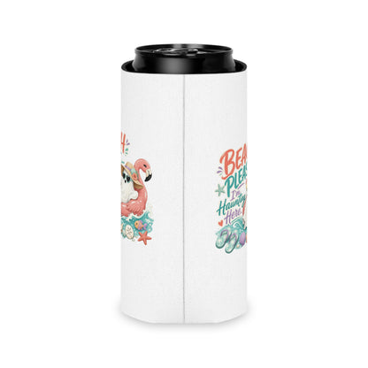 Beach Please Ghost Flamingo Can Cooler | Summer Beach Drink Sleeve