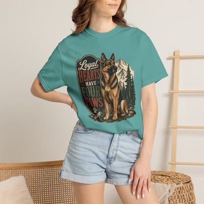 Loyal Hearts Have Four Paws German Shepherd T-shirt | Mountain Forest Dog Design