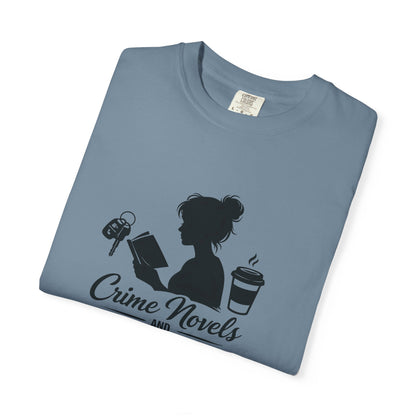 Crime Novels and Carpool Lines T-shirt | Reading Mom Silhouette, Coffee Graphic