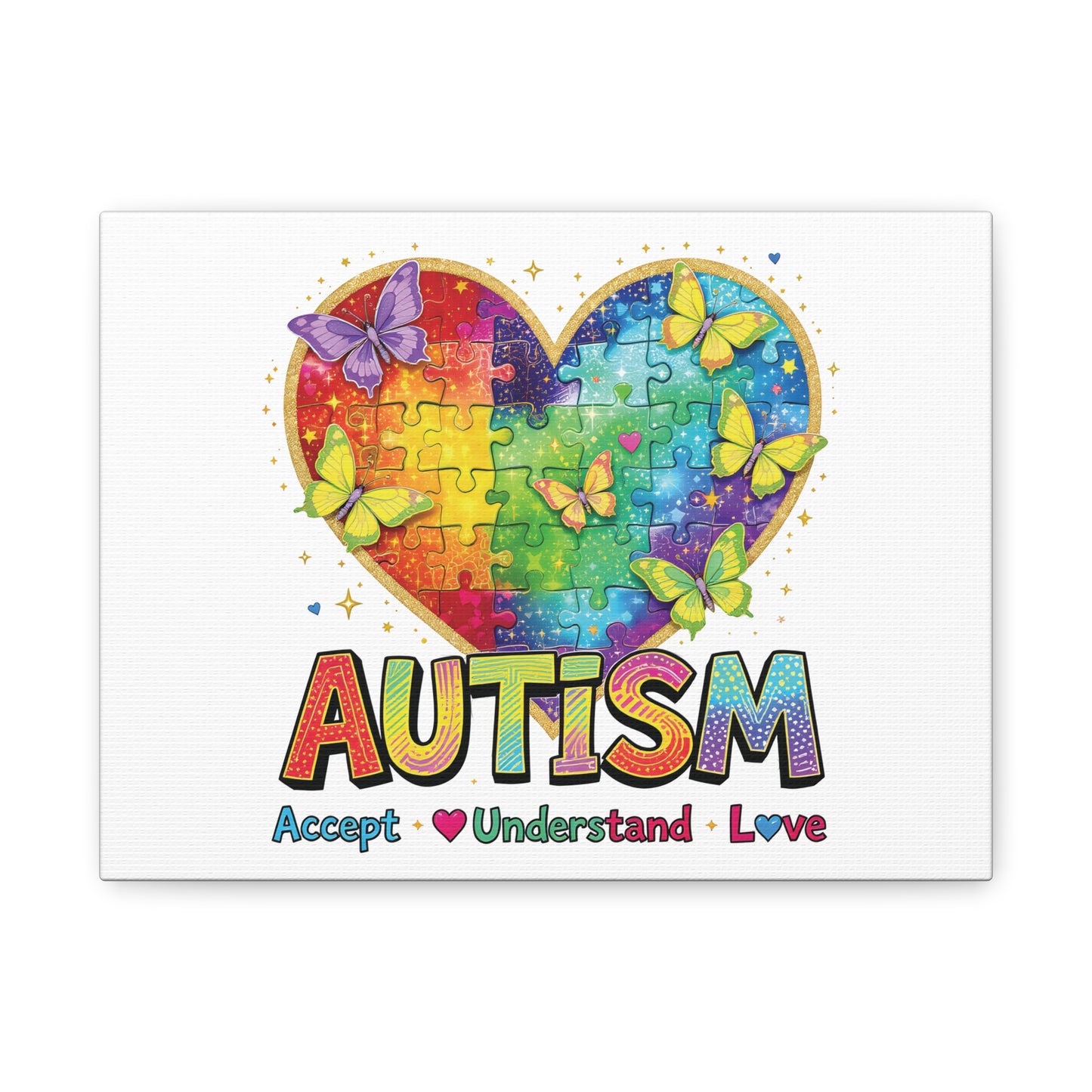 Autism Heart Puzzle Rainbow Butterflies Canvas | Accept Understand Love