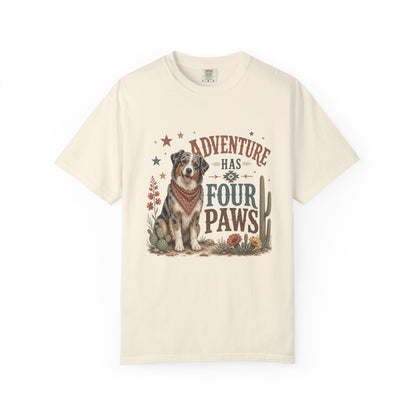 Adventure Has Four Paws T-Shirt | Australian Shepherd Design