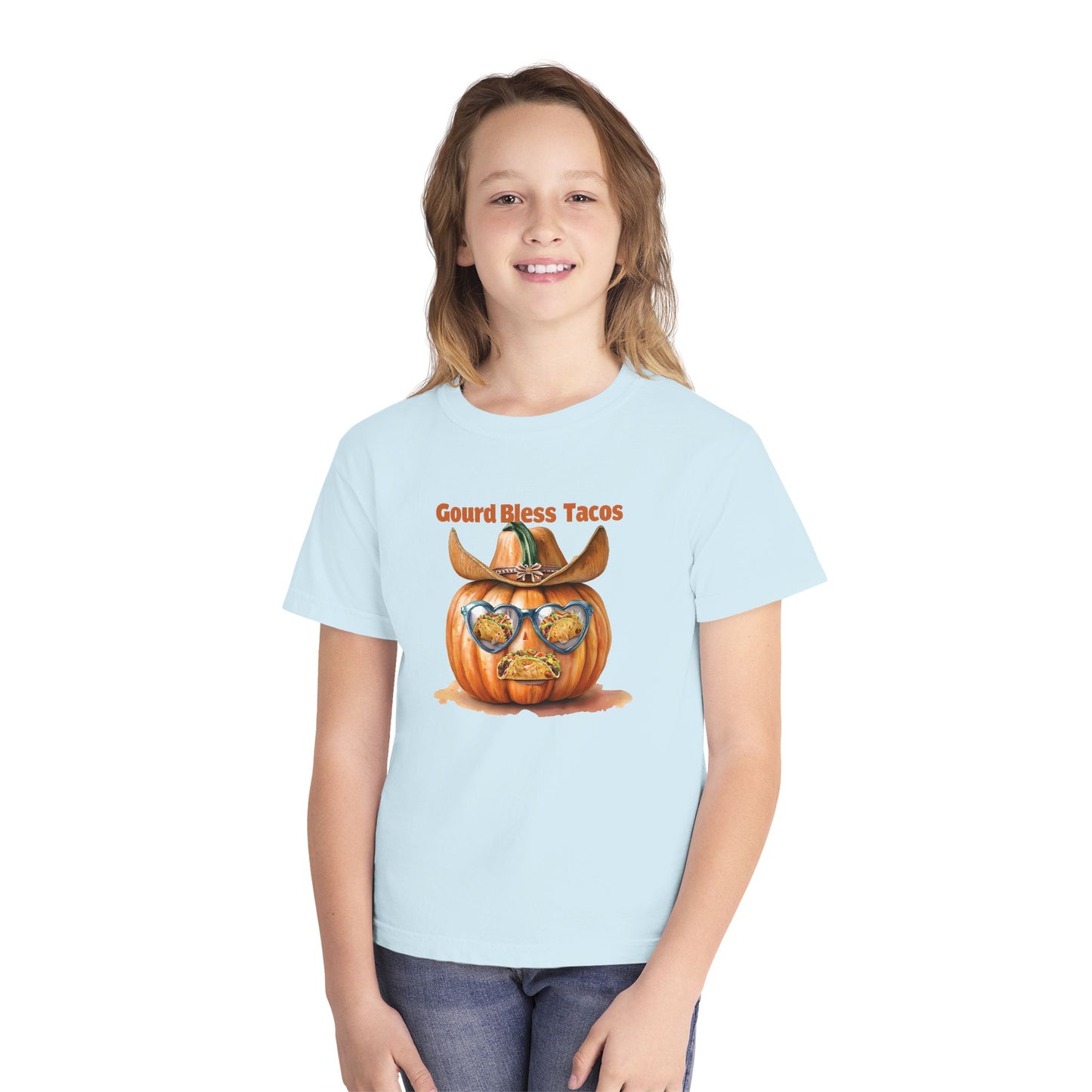 Whimsical Fall Youth Tee - Gourd Bless Tacos, Halloween Shirt, Kids Autumn Apparel, Thanksgiving Humor Top, Funny Seasonal Gift