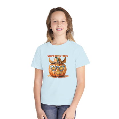 Whimsical Fall Youth Tee - Gourd Bless Tacos, Halloween Shirt, Kids Autumn Apparel, Thanksgiving Humor Top, Funny Seasonal Gift