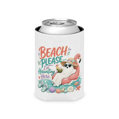 Beach Please Ghost Flamingo Can Cooler | Summer Beach Drink Sleeve