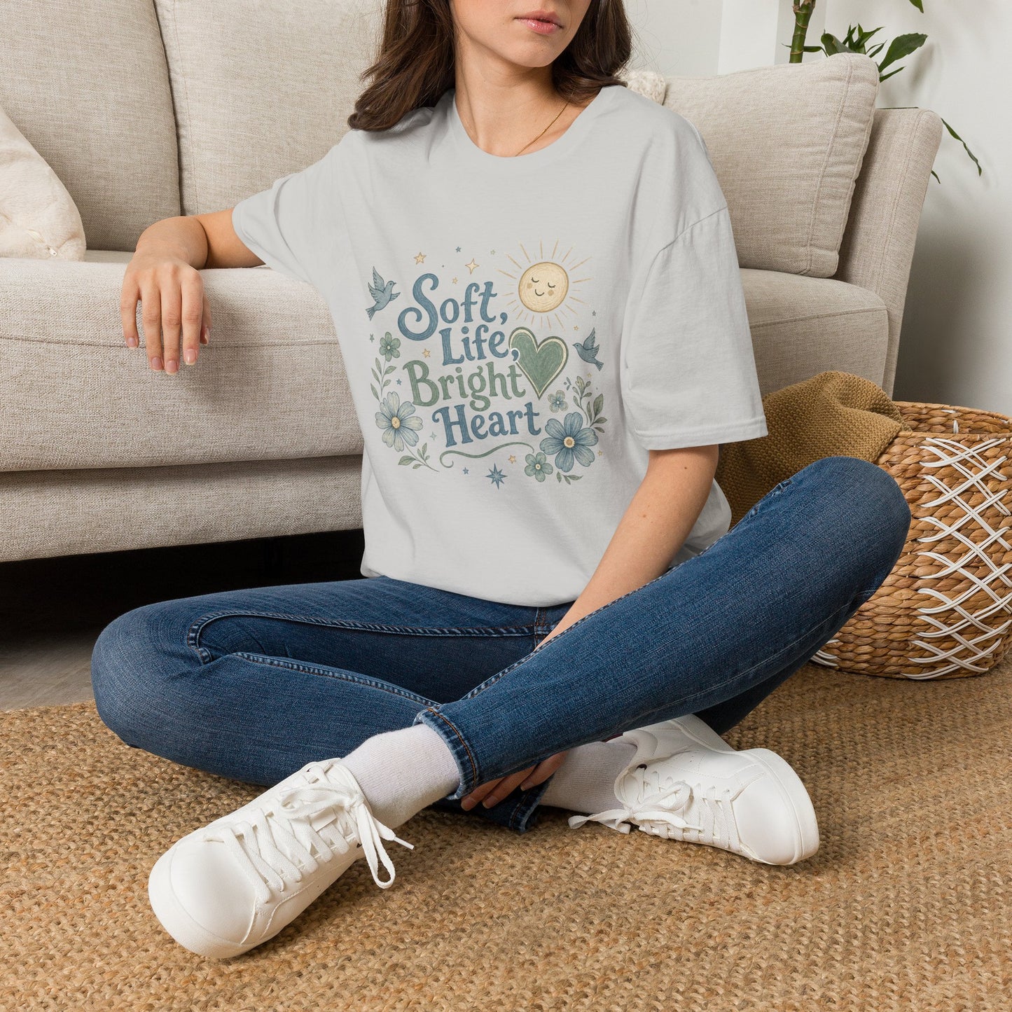 Soft Life Bright Heart T-Shirt | sun, doves, floral graphic