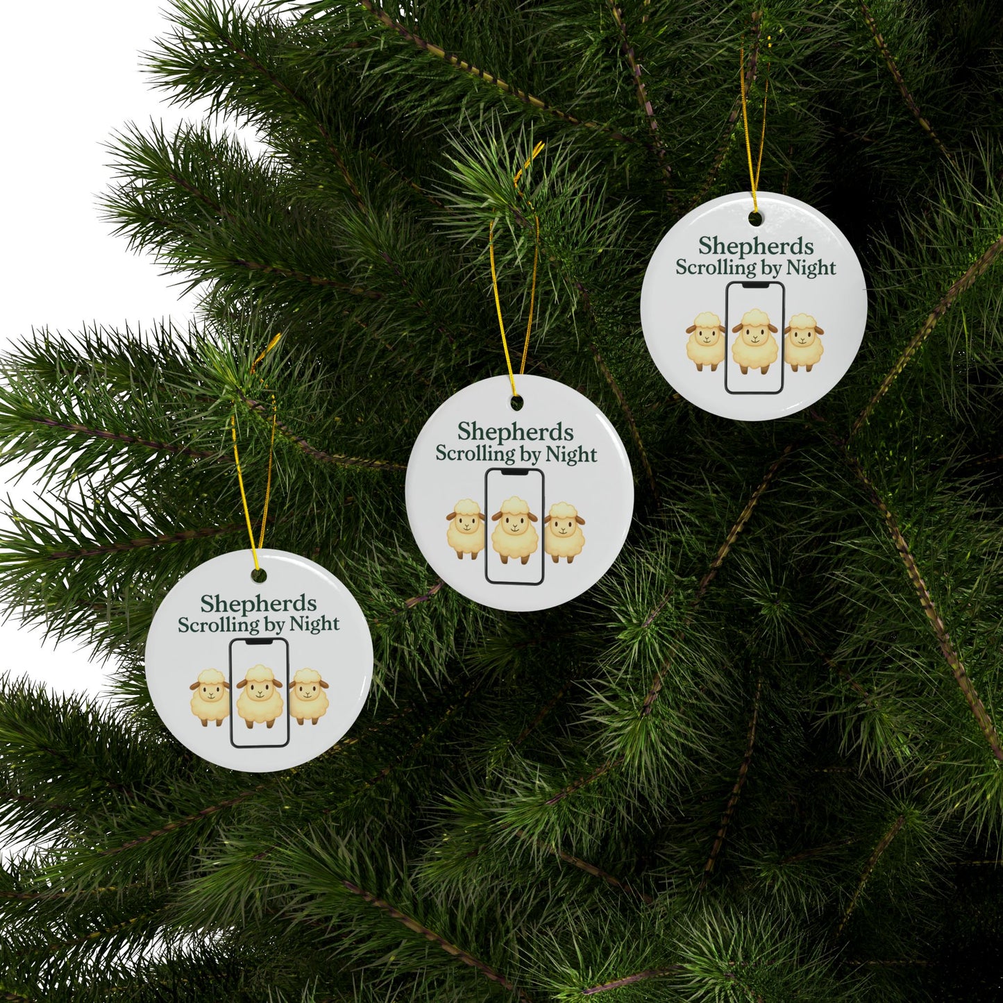 Ceramic Ornaments, Shepherds Scrolling by Night, Christmas Tree Decoration, Holiday Gift, Religious Ornament, Nativity Scene Decor, 2-Side