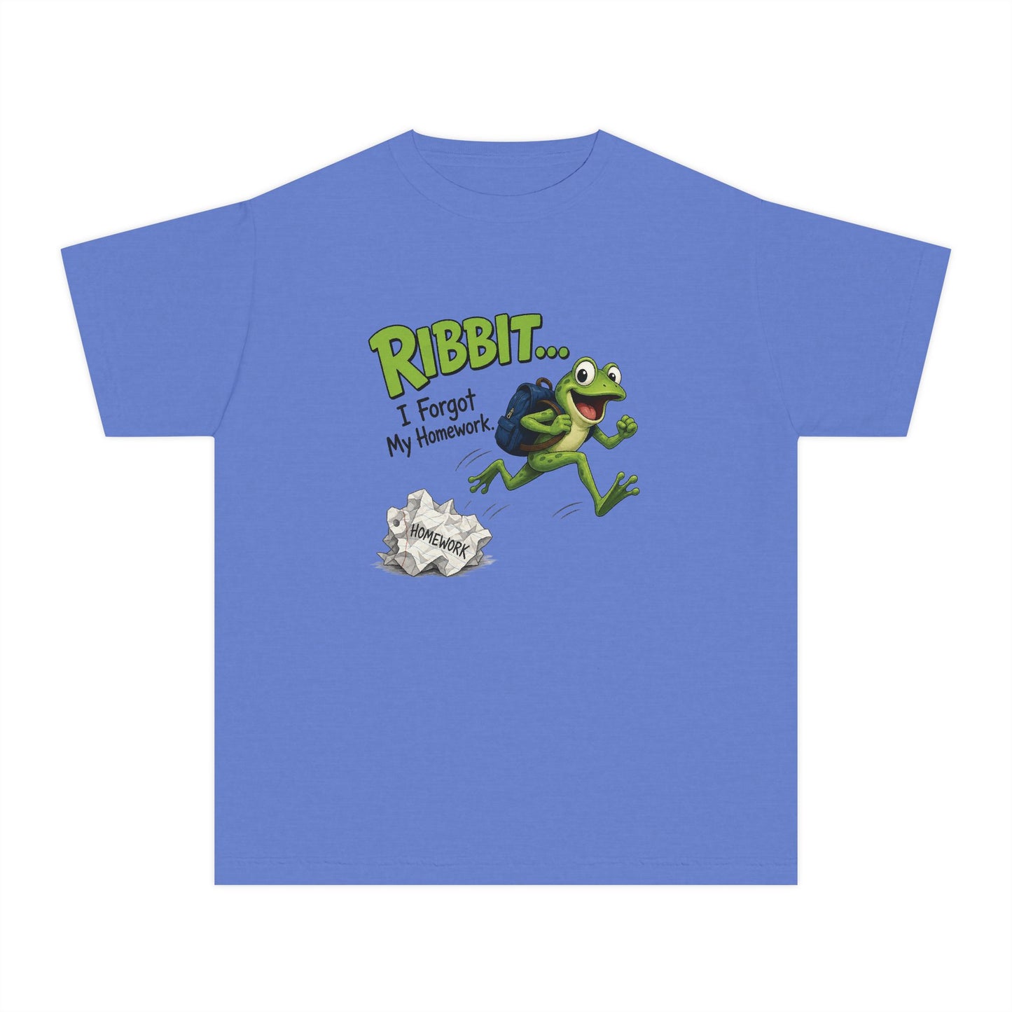 Ribbit Frog Character Youth Tee | Funny Forgot My Homework Design