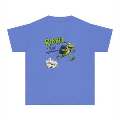 Ribbit Frog Character Youth Tee | Funny Forgot My Homework Design