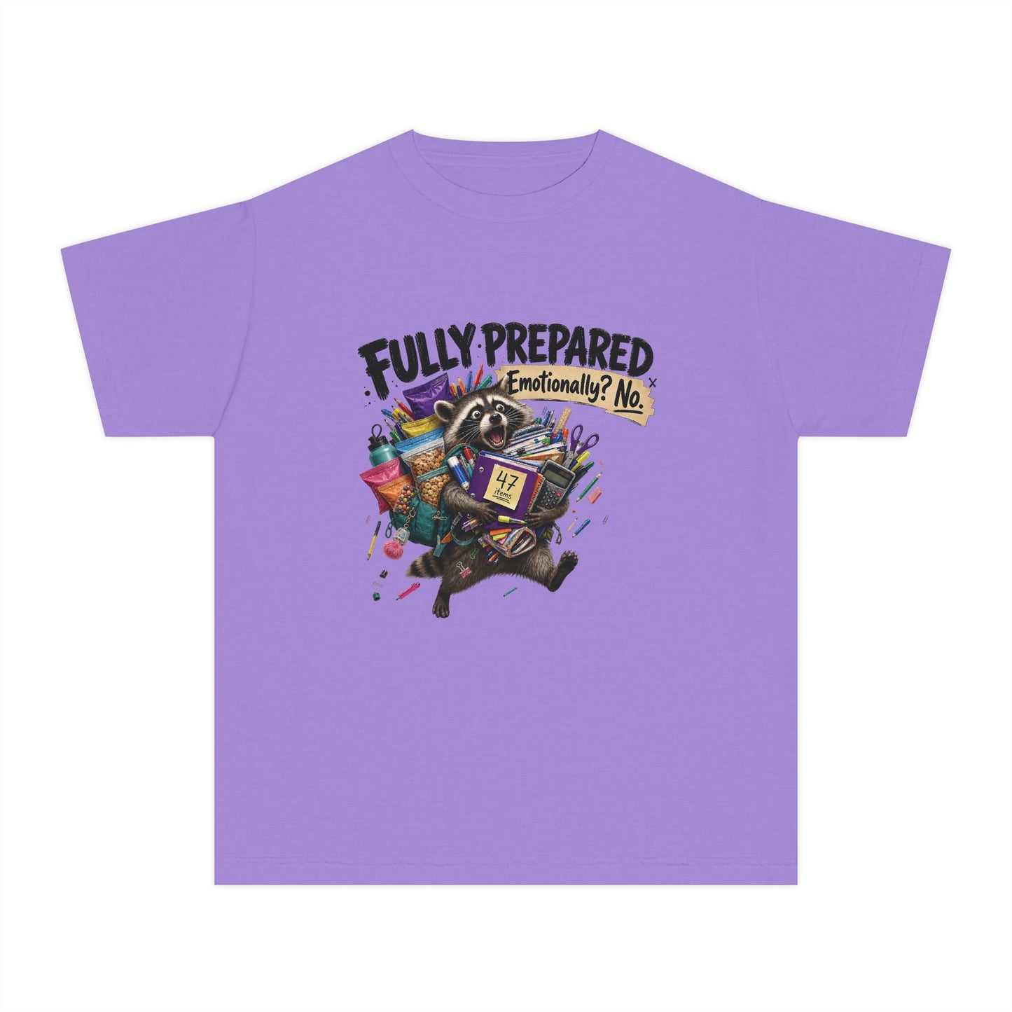 Fully Prepared Raccoon Supplies T-Shirt | Funny Back-to-School Kids Tee
