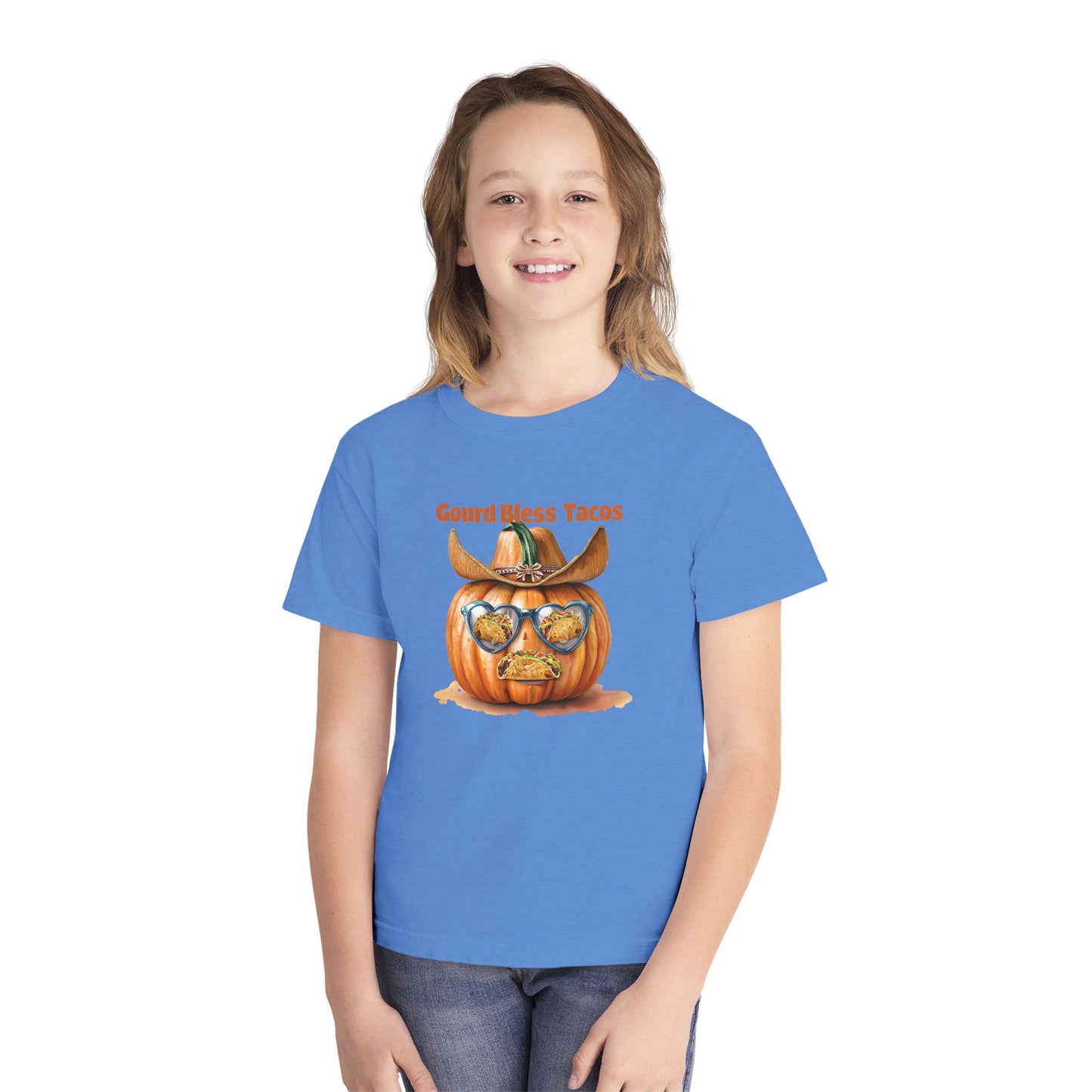 Whimsical Fall Youth Tee - Gourd Bless Tacos, Halloween Shirt, Kids Autumn Apparel, Thanksgiving Humor Top, Funny Seasonal Gift