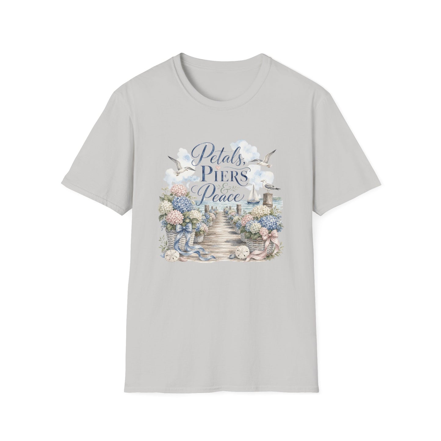 Petals Piers Peace T-Shirt | Coastal Lighthouse Floral Seagulls Design
