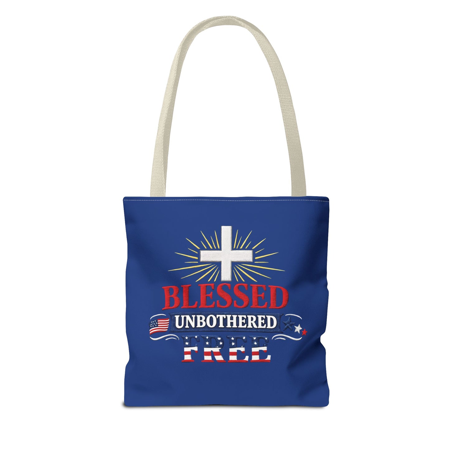 Blessed Unbothered Free Cross tote bag | patriotic faith design