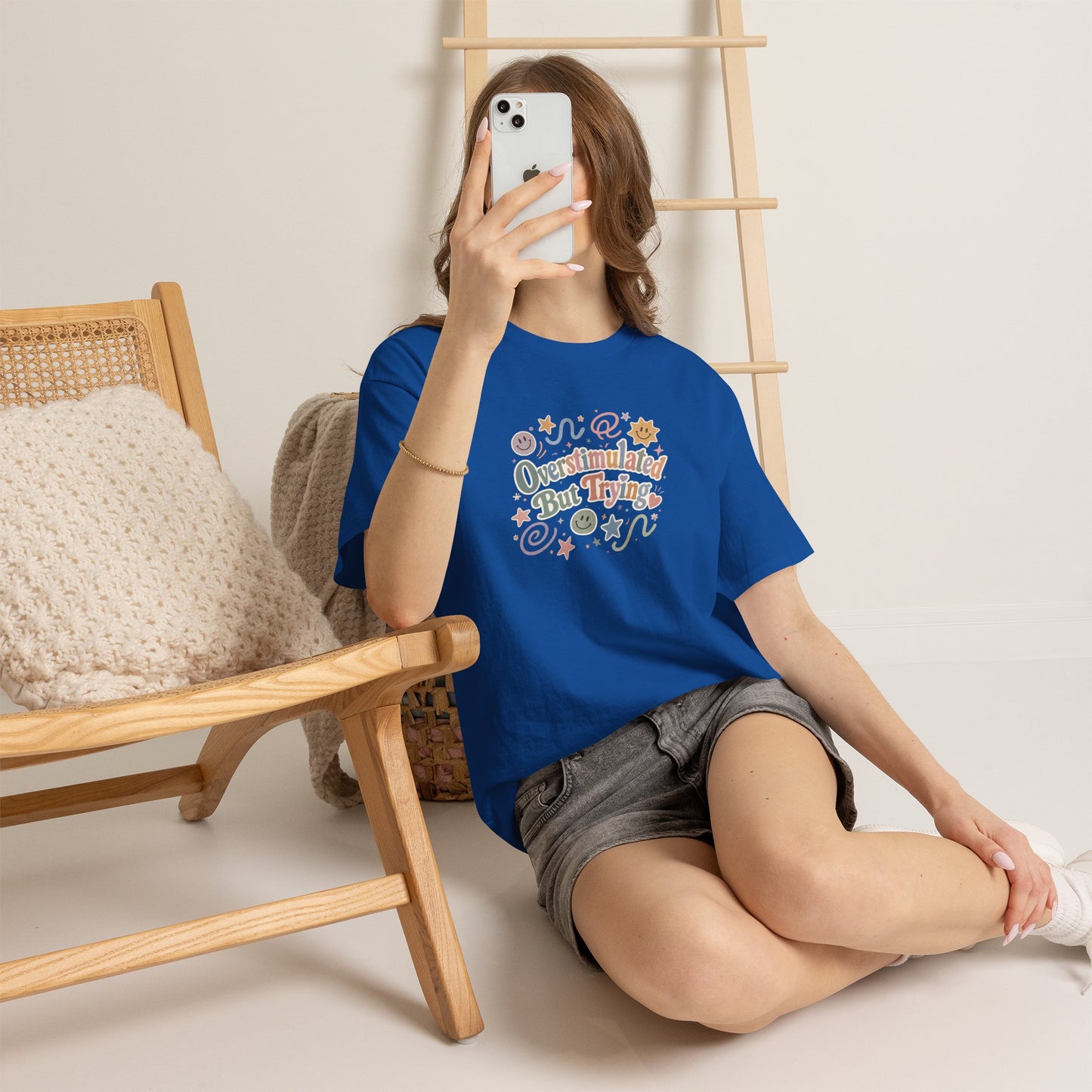 Overstimulated But Trying tee | Funny Mental Health Shirt, Cute Retro Doodles