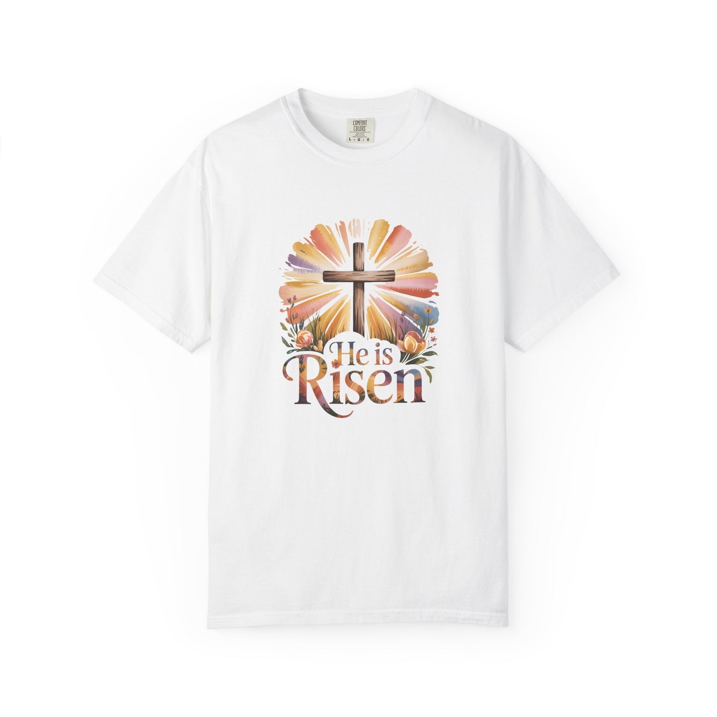 He Is Risen cross sunrise design T-Shirt | Easter faith floral
