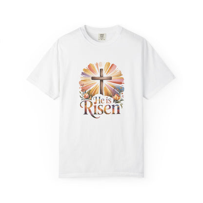 He Is Risen cross sunrise design T-Shirt | Easter faith floral