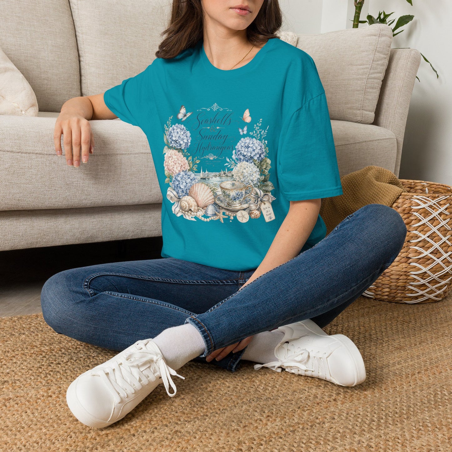 Seashells & Sunday Hydrangeas T-Shirt | Floral Coastal Cottage Shirt