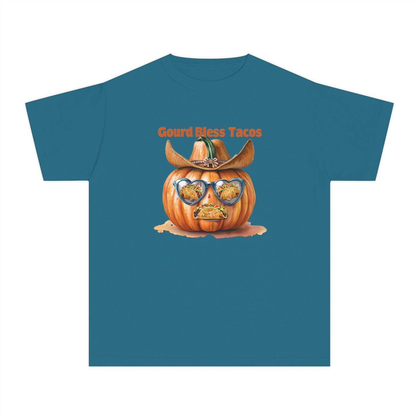 Whimsical Fall Youth Tee - Gourd Bless Tacos, Halloween Shirt, Kids Autumn Apparel, Thanksgiving Humor Top, Funny Seasonal Gift