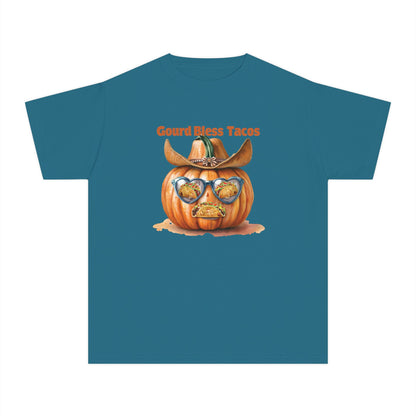 Whimsical Fall Youth Tee - Gourd Bless Tacos, Halloween Shirt, Kids Autumn Apparel, Thanksgiving Humor Top, Funny Seasonal Gift