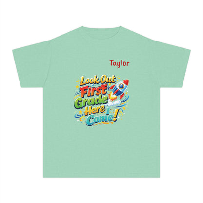 First Grade Here I Come Youth Tee | Rocket Back to School Shirt