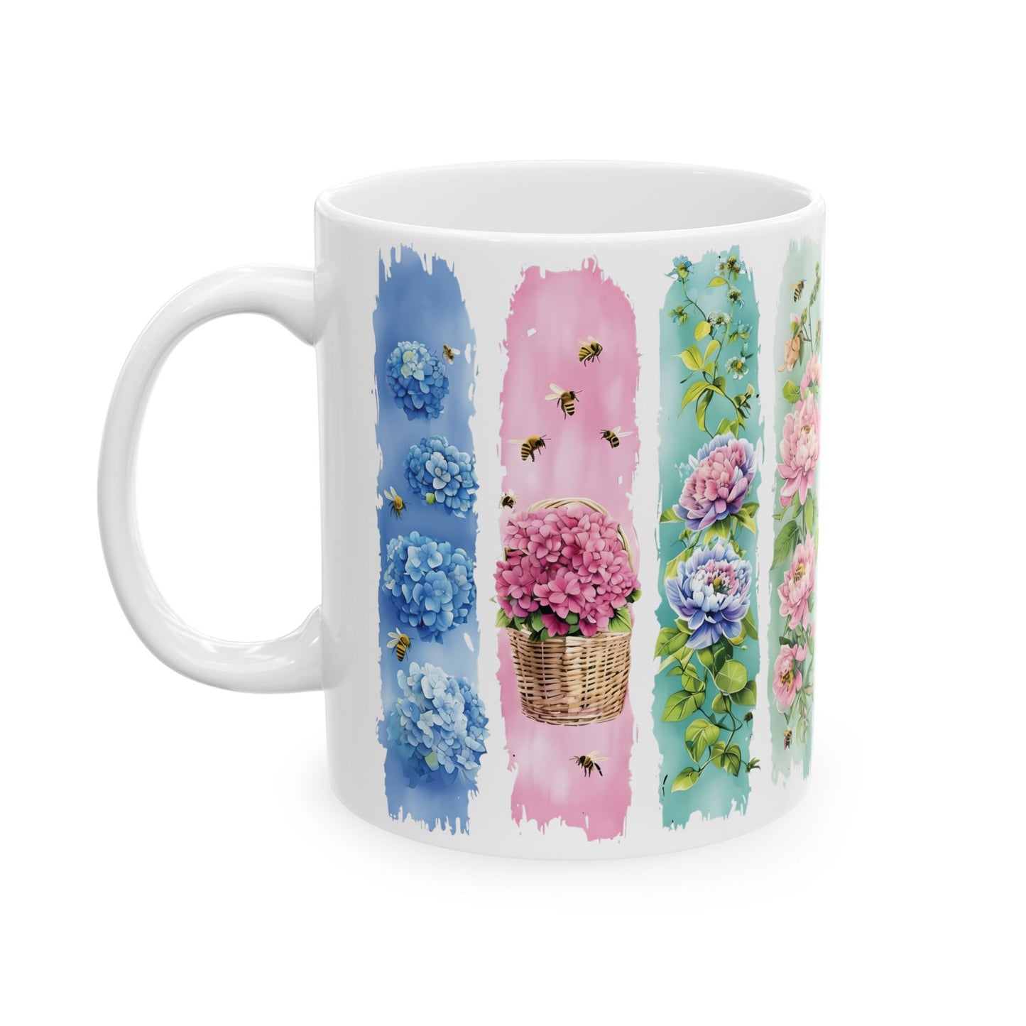 Watercolor Floral Strips Mug | Pink Peonies Blue Hydrangea Ceramic Mug