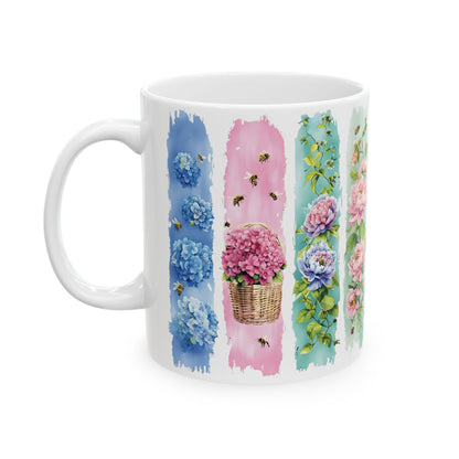 Watercolor Floral Strips Mug | Pink Peonies Blue Hydrangea Ceramic Mug