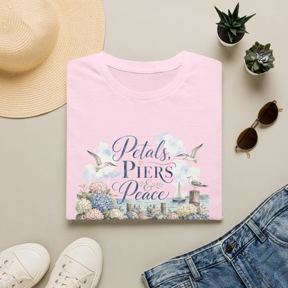 Petals Piers Peace T-Shirt | Coastal Lighthouse Floral Seagulls Design