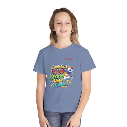 First Grade Here I Come Youth Tee | Rocket Back to School Shirt