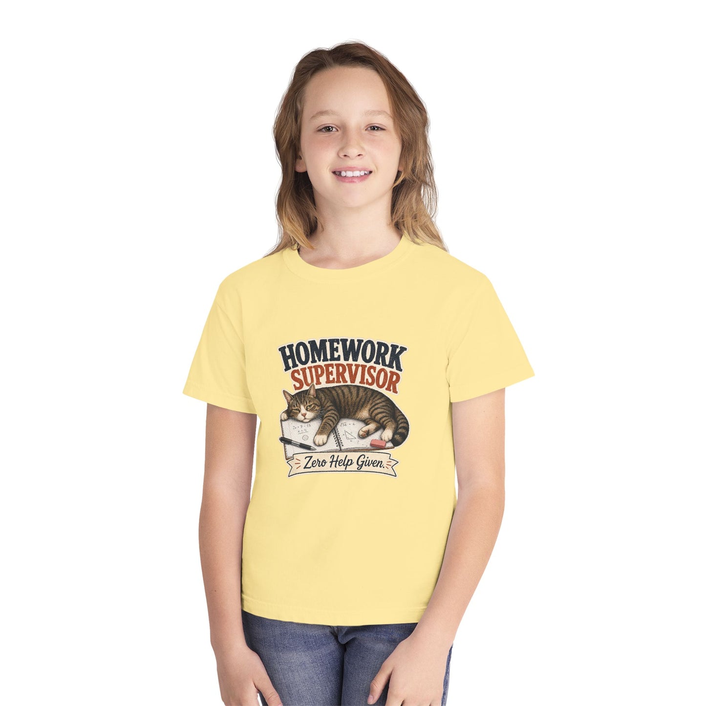 Homework Supervisor Cat Youth Tee | "Zero Help Given" retro kitten design