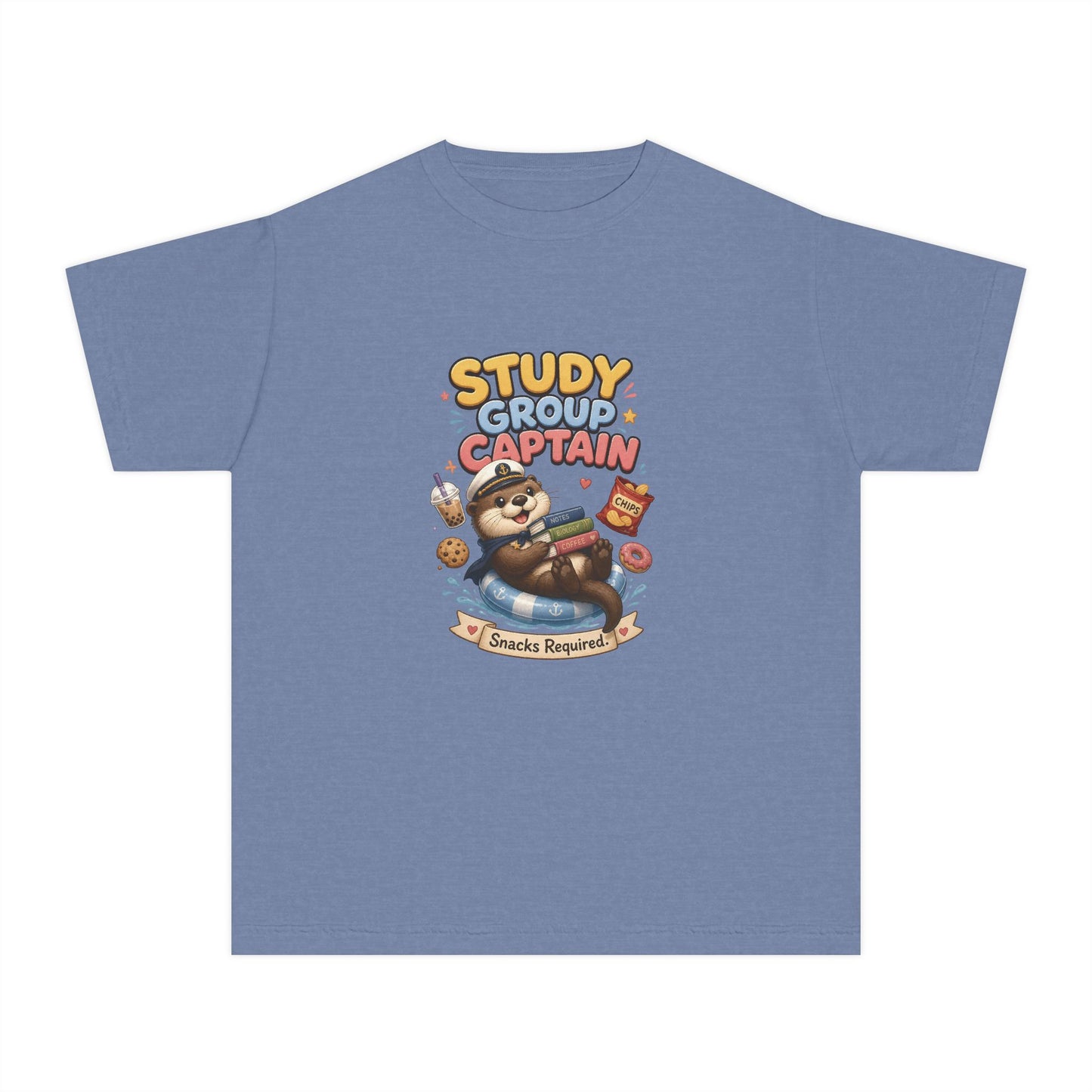 Study Group Captain Youth Tee | Sloth Studying Snacks Graphic