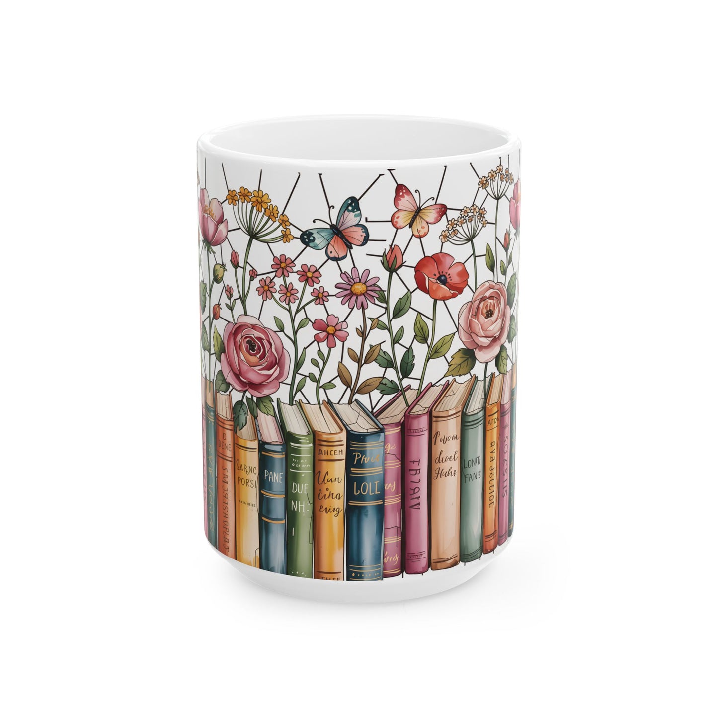 Floral Bookshelf Illustration Mug | Ceramic Book Lover Coffee Cup Stained Glass Effect
