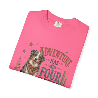 Adventure Has Four Paws T-Shirt | Australian Shepherd Design