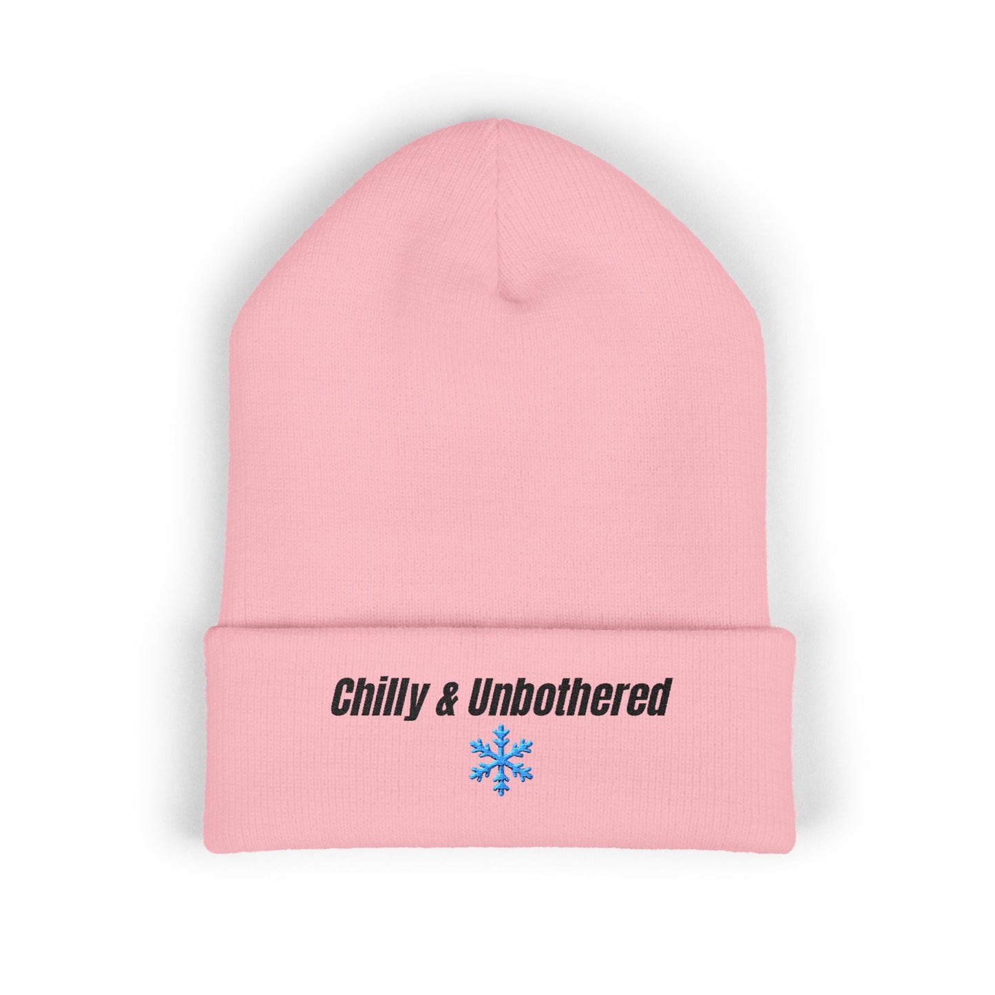 Chilly & Unbothered beanie | Embroidered cuffed knit hat, snowflake design