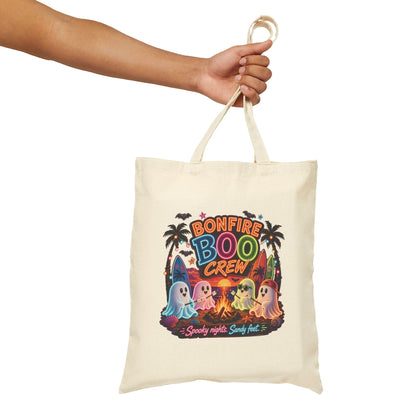 Bonfire Boo Crew Tote Bag | Halloween ghosts, campfire spooky beach design