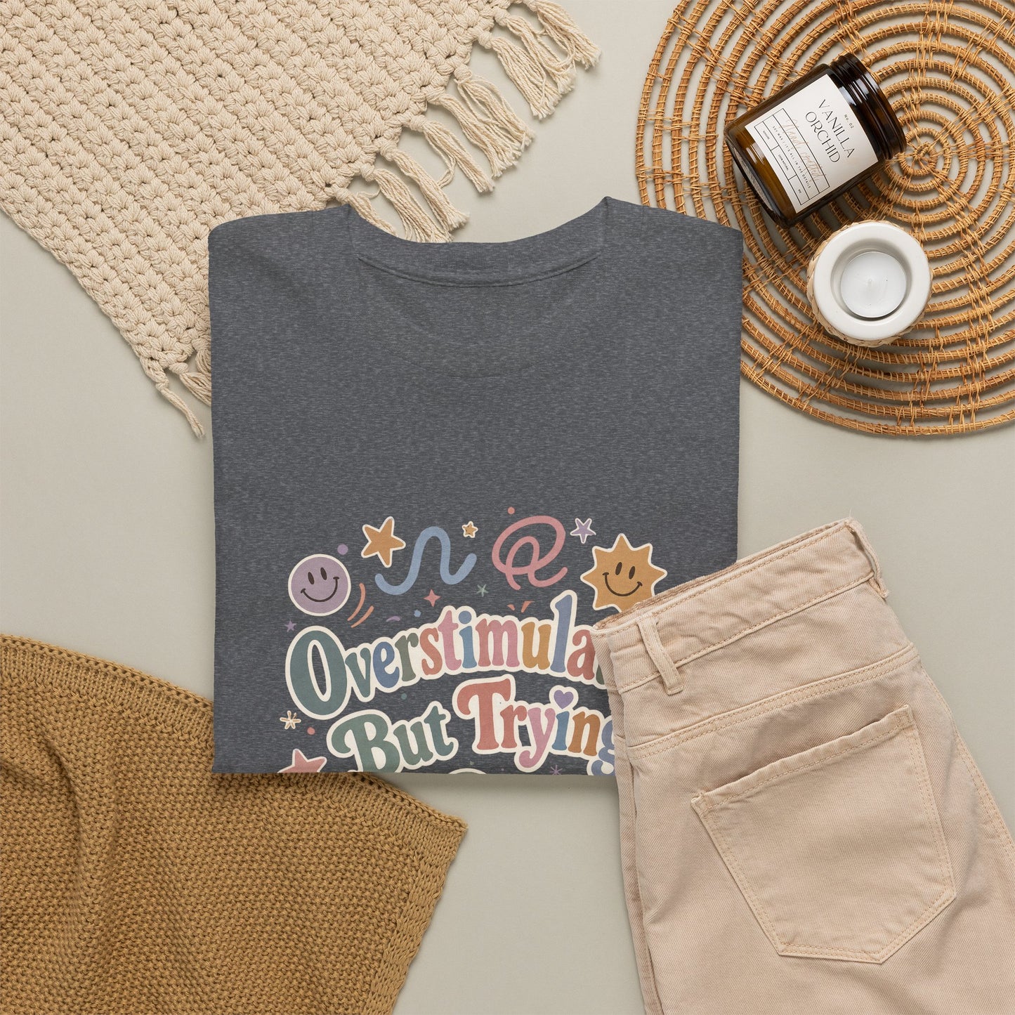 Overstimulated But Trying tee | Funny Mental Health Shirt, Cute Retro Doodles