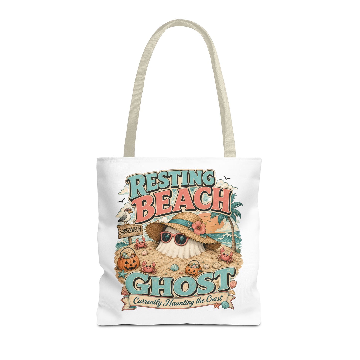 Resting Beach Ghost Tote Bag | Cute Halloween Beach Ghost Illustration