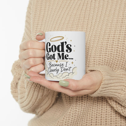 God's Got Me Mug | Religious Christian Coffee Cup with Halo & Clouds