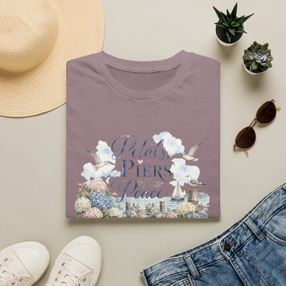 Petals Piers Peace T-Shirt | Coastal Lighthouse Floral Seagulls Design