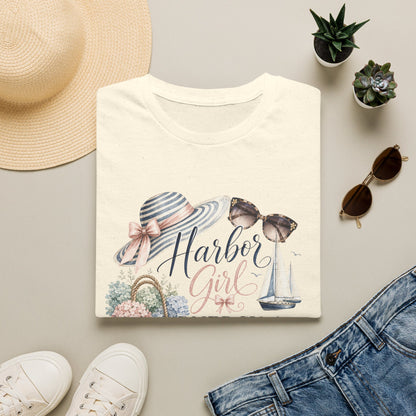Harbor Girl illustration T-Shirt | Nautical hat, sailboat, seashells