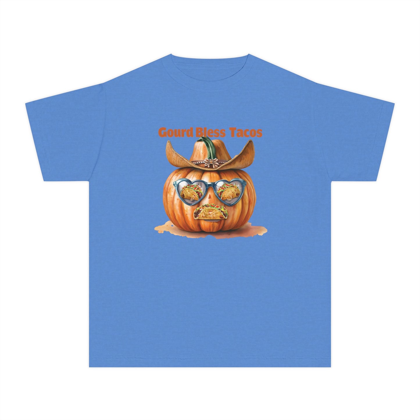 Whimsical Fall Youth Tee - Gourd Bless Tacos, Halloween Shirt, Kids Autumn Apparel, Thanksgiving Humor Top, Funny Seasonal Gift