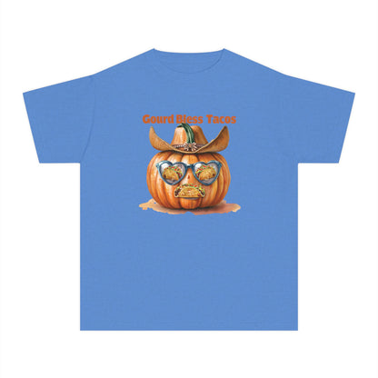 Whimsical Fall Youth Tee - Gourd Bless Tacos, Halloween Shirt, Kids Autumn Apparel, Thanksgiving Humor Top, Funny Seasonal Gift