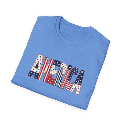 American Flag Patchwork Style Letters T-Shirt | Patriotic Fourth of July Tee