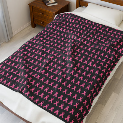 Soft Pink Ribbon Velveteen Blanket | Cozy Plush Throw for Breast Cancer Awareness, Comfort, Gift for Her, Home Decor, Cozy Snuggle, Black