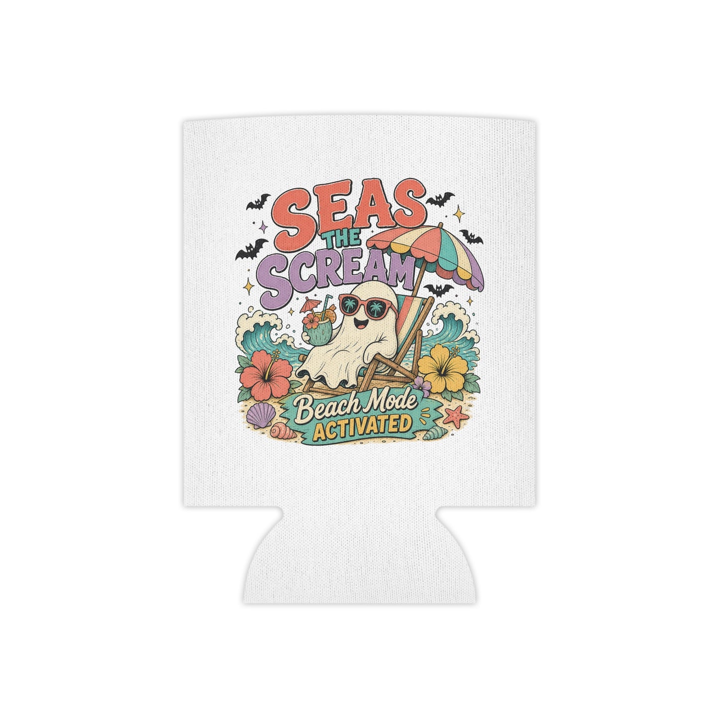 Seas the Scream ghost beach scene Can Cooler | Beach Mode Activated, Tropical Flowers