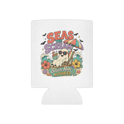 Seas the Scream ghost beach scene Can Cooler | Beach Mode Activated, Tropical Flowers