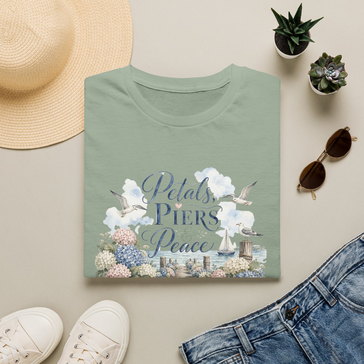 Petals Piers Peace T-Shirt | Coastal Lighthouse Floral Seagulls Design
