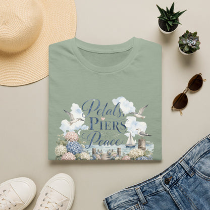 Petals Piers Peace T-Shirt | Coastal Lighthouse Floral Seagulls Design