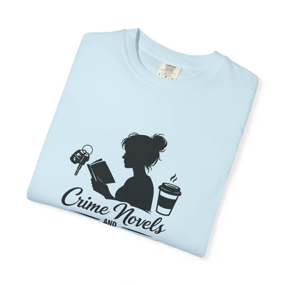 Crime Novels and Carpool Lines T-shirt | Reading Mom Silhouette, Coffee Graphic