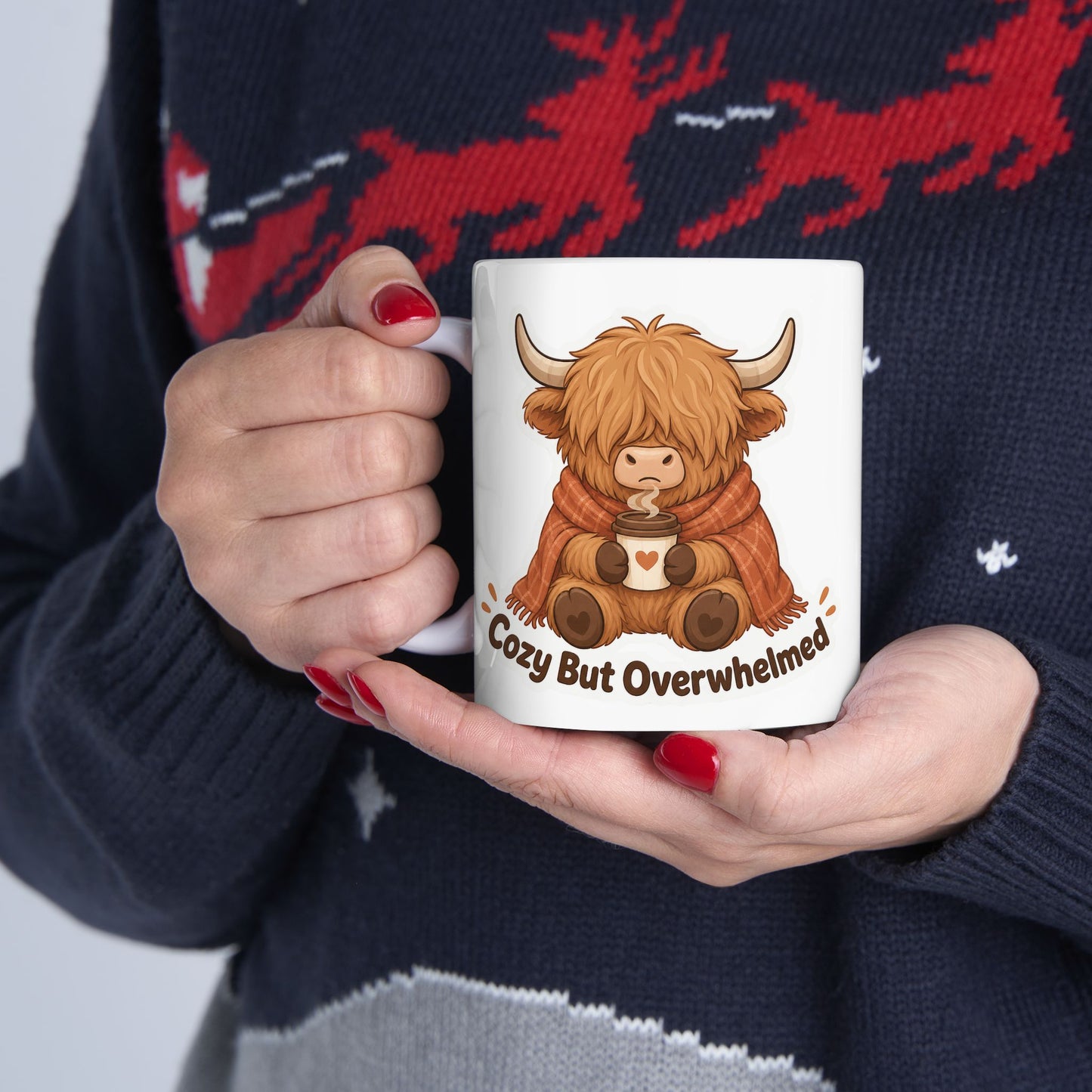 Cozy But Overwhelmed Highland Cow Mug | Ceramic Coffee Tea Cup