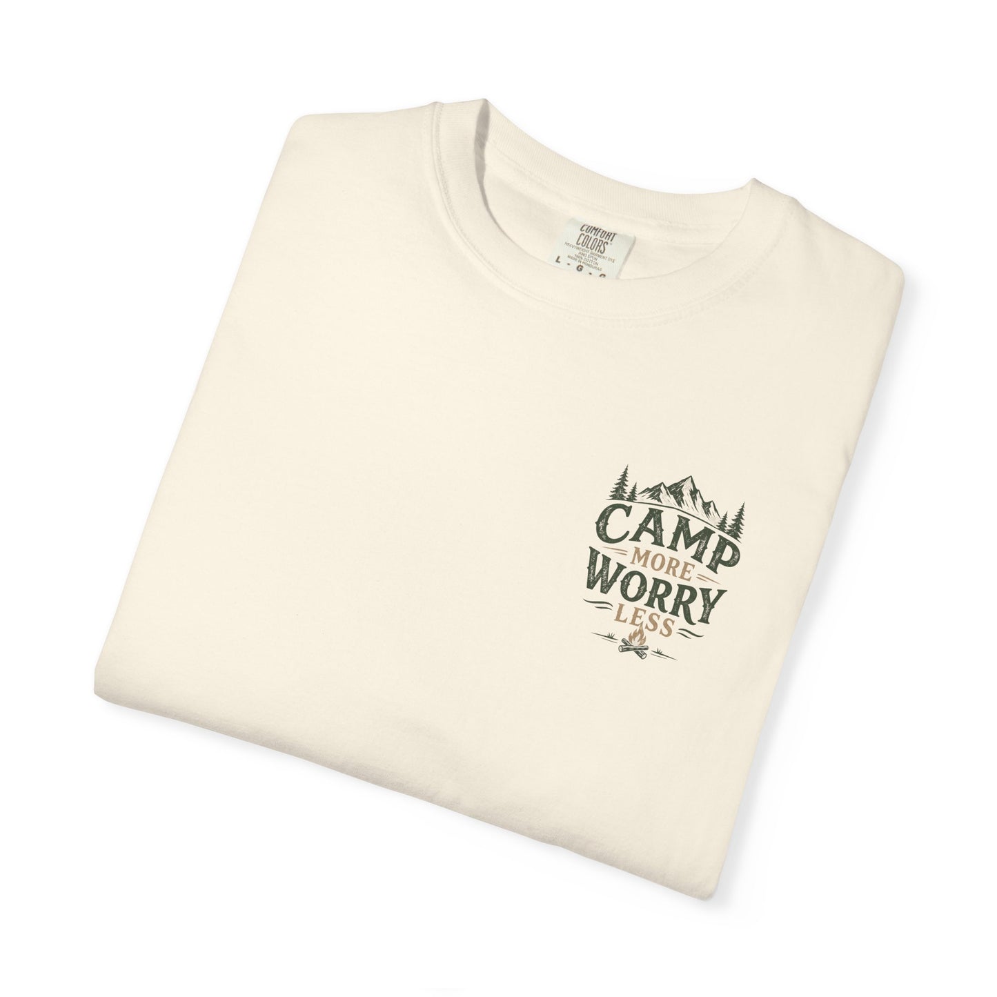 Camp More Worry Less T-shirt | Camping Mountains Pine Trees Design